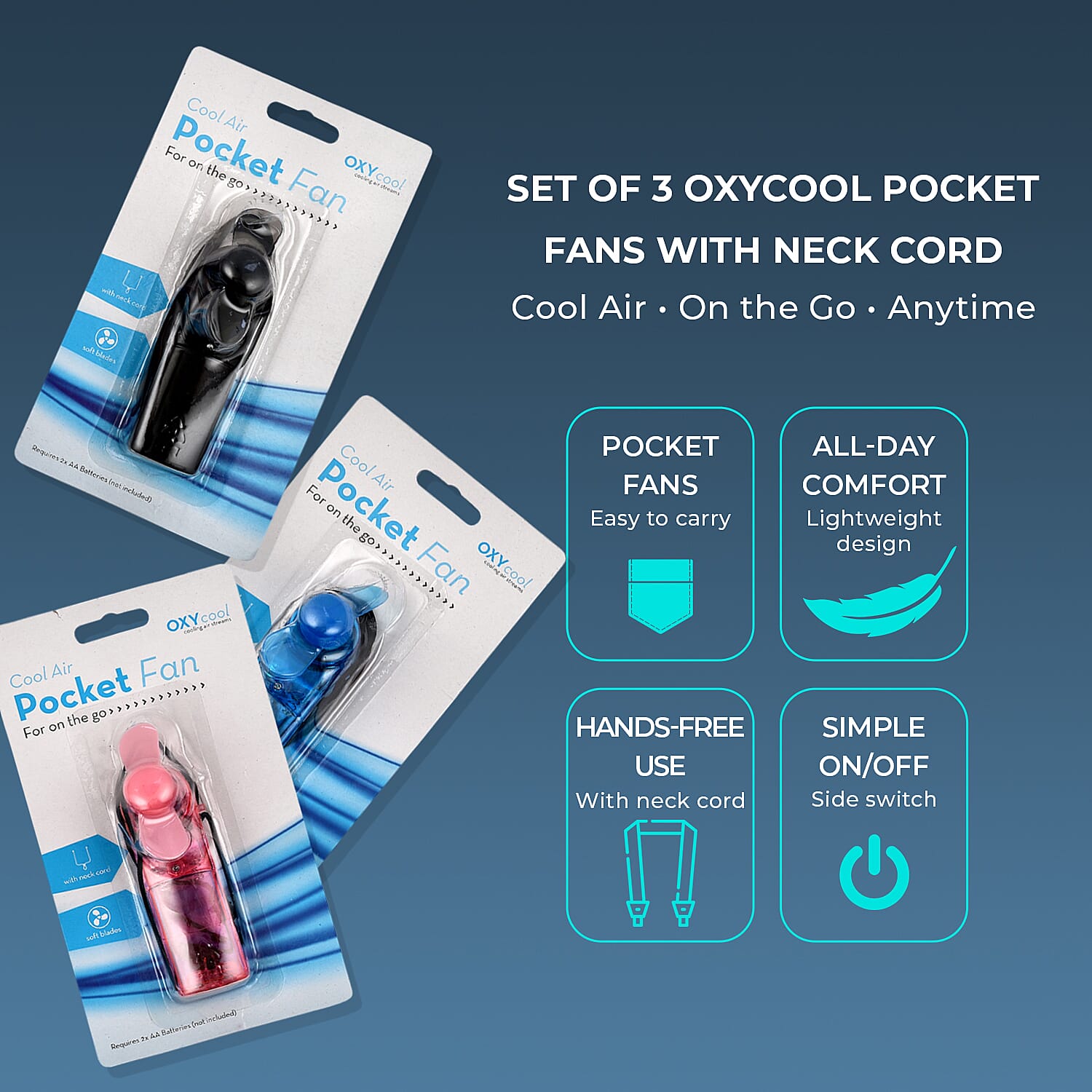 Set of 3 Oxycool Pocket Fans with Neck Cord 4283567 1