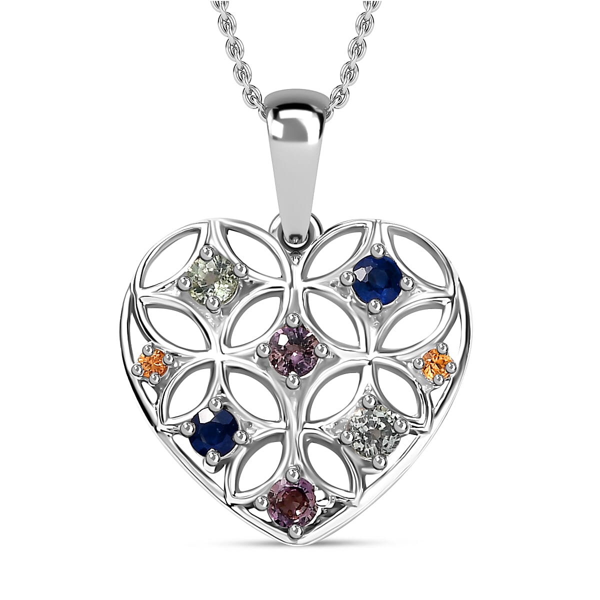 Rainbow Sapphire Heart Pendant with Chain (Size 20) in Rhodium Overlay Sterling Silver 4284433 0