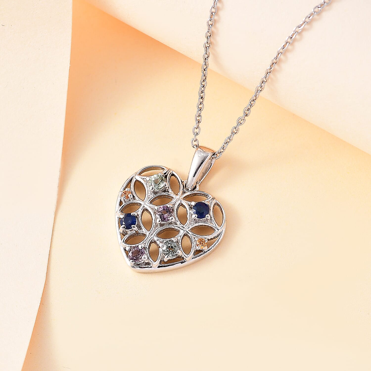 Rainbow Sapphire Heart Pendant with Chain (Size 20) in Rhodium Overlay Sterling Silver 4284433 2