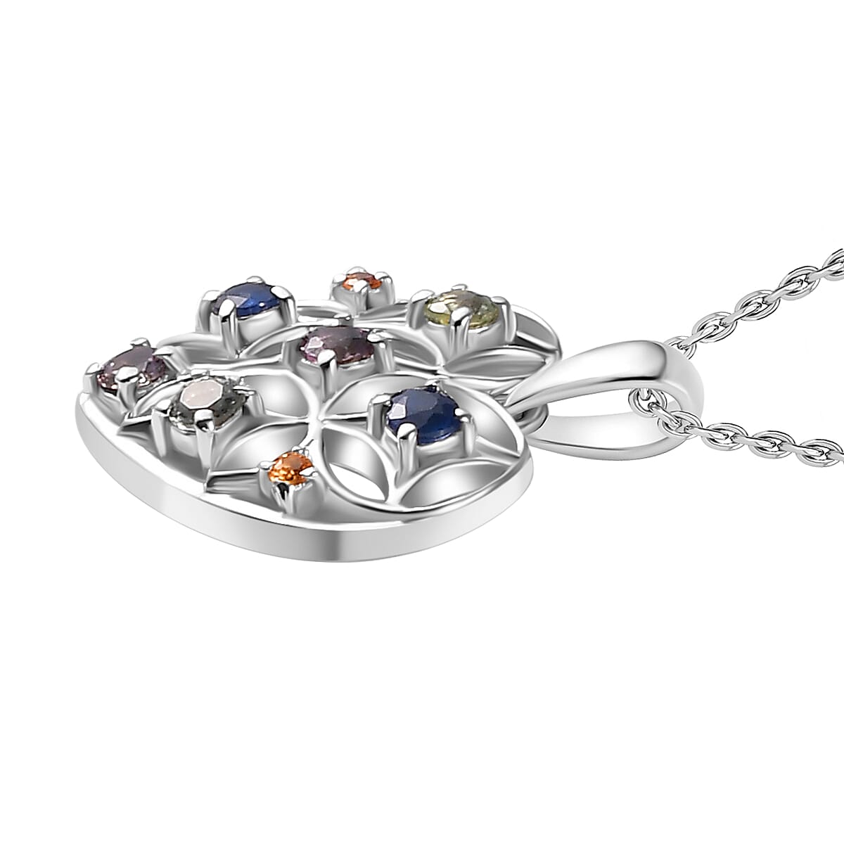 Rainbow Sapphire Heart Pendant with Chain (Size 20) in Rhodium Overlay Sterling Silver 4284433 4