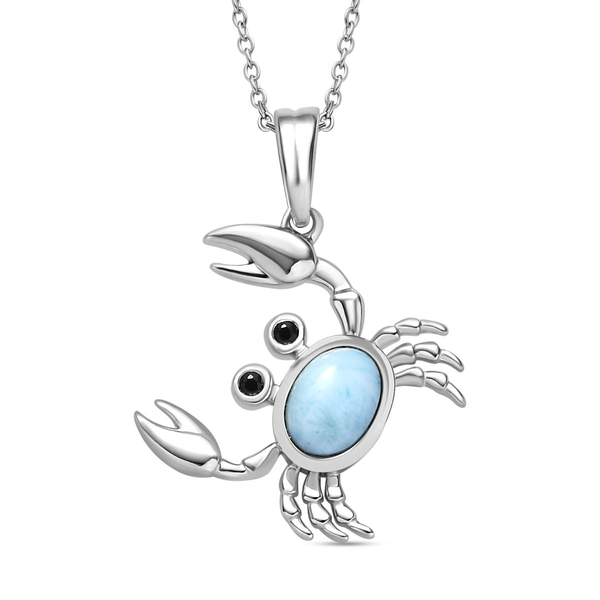 GP Sealife Collection - Larimar and Boi Ploi Black Spinel Crab Pendant with Chain (Size 20) in Rhodium Overlay Sterling Silver 1.22 Ct 4285330 0