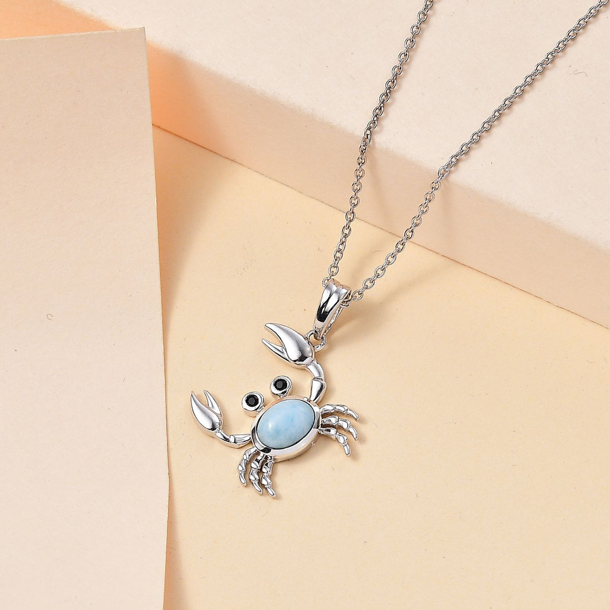 GP Sealife Collection - Larimar and Boi Ploi Black Spinel Crab Pendant with Chain (Size 20) in Rhodium Overlay Sterling Silver 1.22 Ct 4285330 2