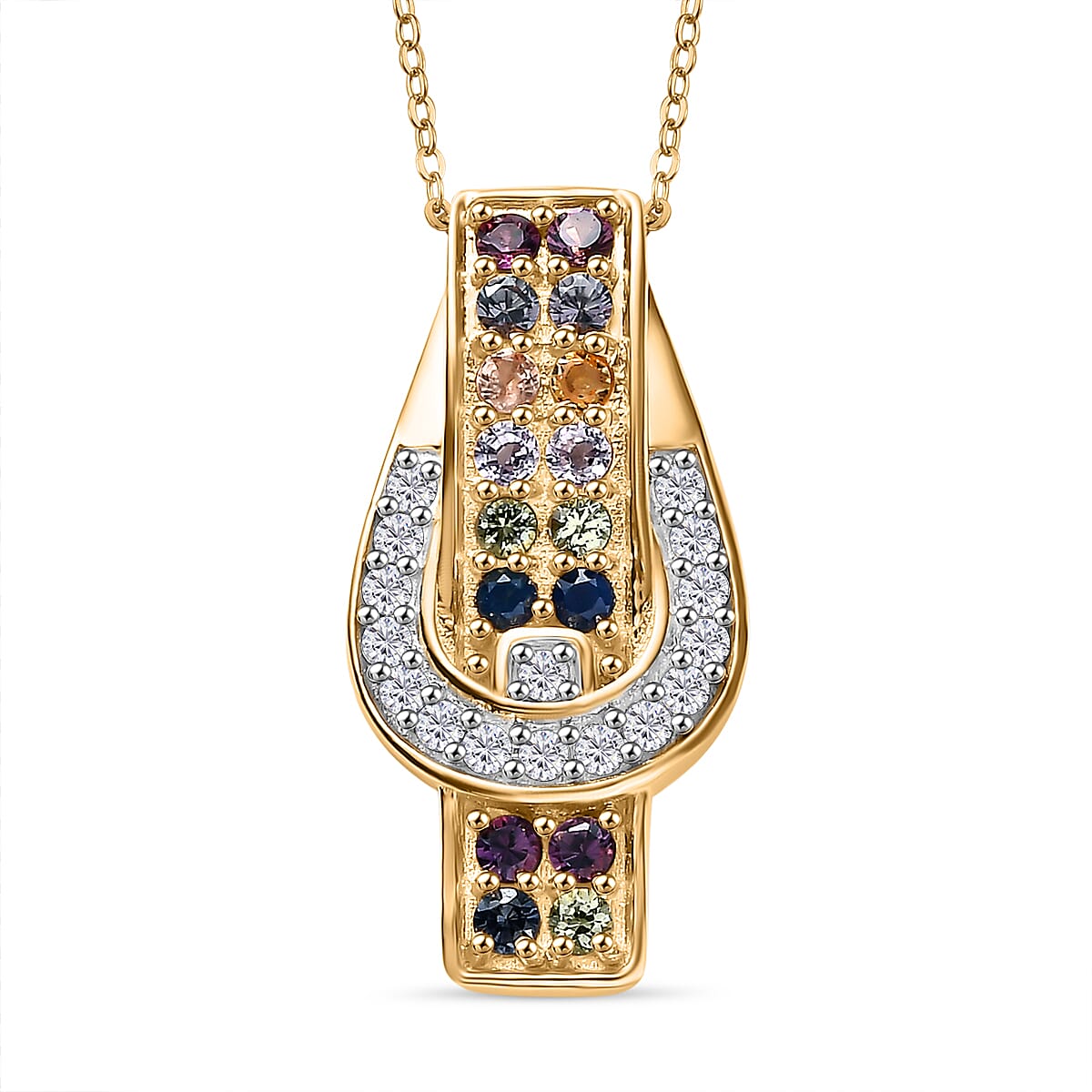 Rainbow Sapphire and Natural Zircon Buckle Pendant with Chain (Size 20) in 18K Yellow Gold Vermeil Plated Sterling Silver 4285952 0