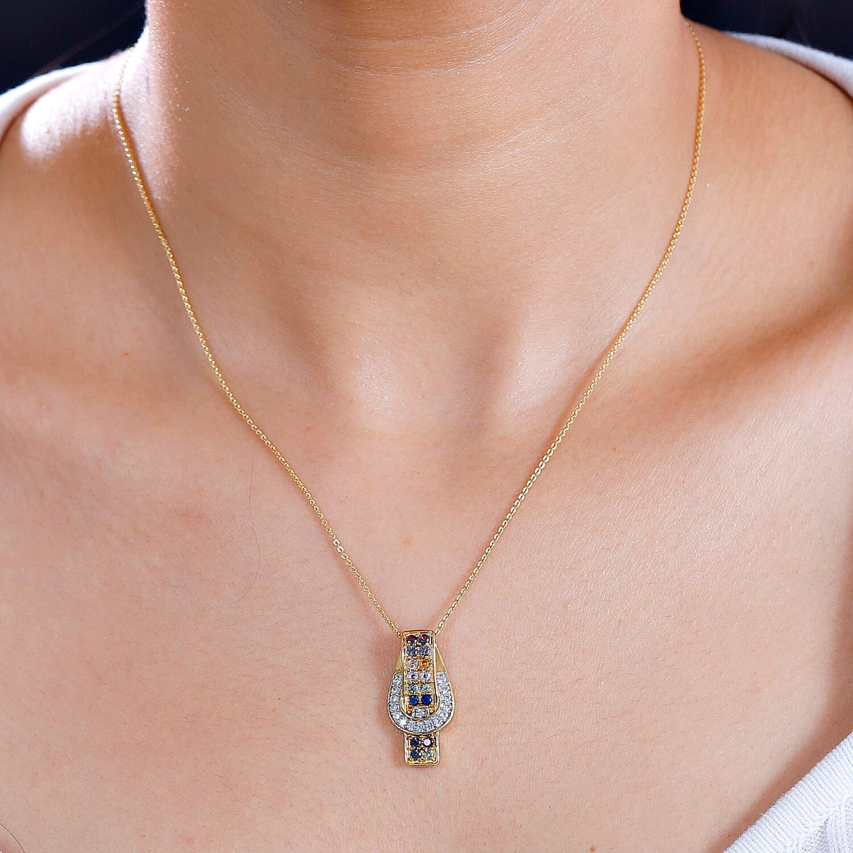Rainbow Sapphire and Natural Zircon Buckle Pendant with Chain (Size 20) in 18K Yellow Gold Vermeil Plated Sterling Silver 4285952 2