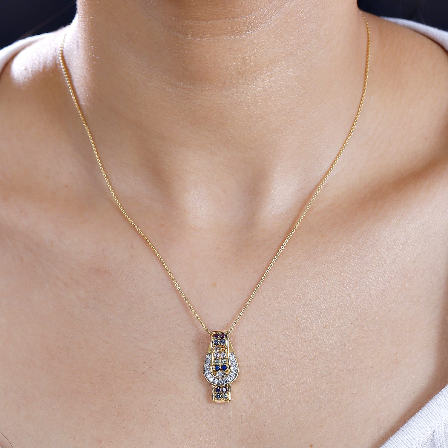 Rainbow Sapphire and Natural Zircon Buckle Pendant with Chain (Size 20) in 18K Yellow Gold Vermeil Plated Sterling Silver 4285952 2