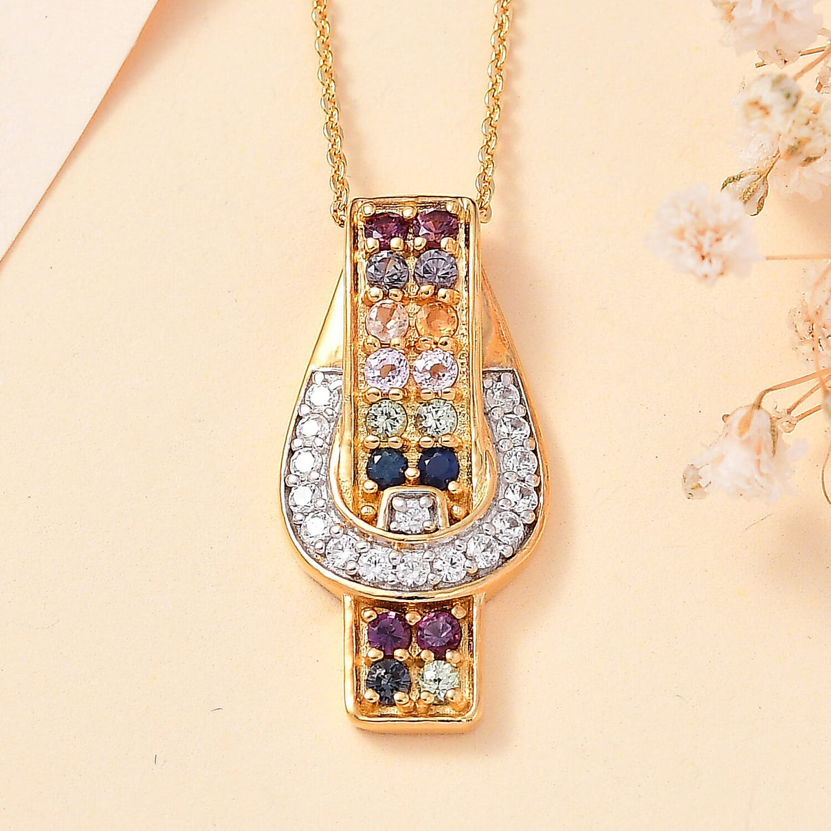 Rainbow Sapphire and Natural Zircon Buckle Pendant with Chain (Size 20) in 18K Yellow Gold Vermeil Plated Sterling Silver 4285952 3