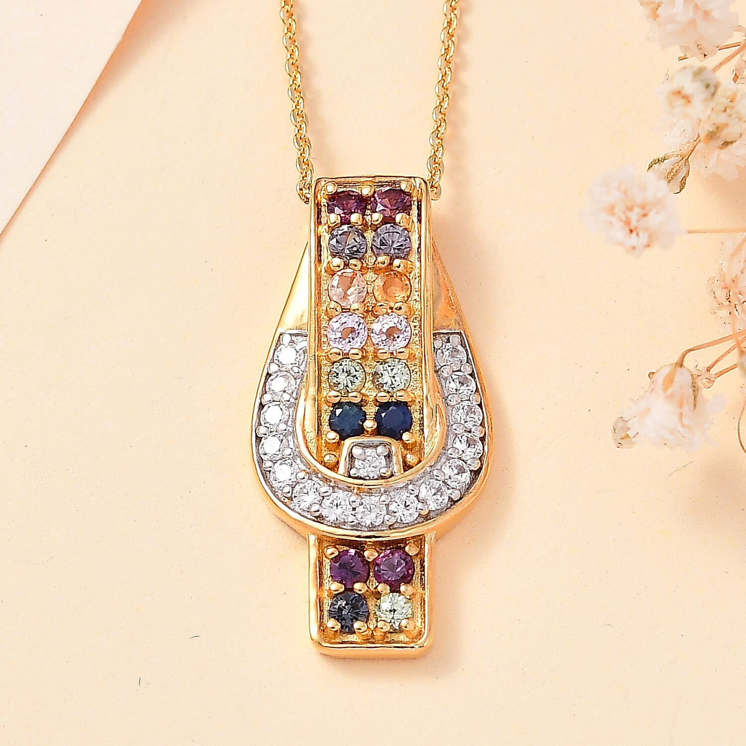 Rainbow Sapphire and Natural Zircon Buckle Pendant with Chain (Size 20) in 18K Yellow Gold Vermeil Plated Sterling Silver 4285952 3
