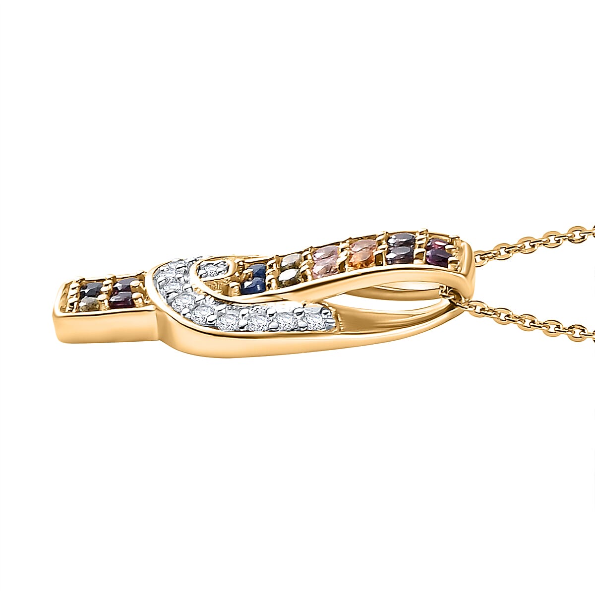 Rainbow Sapphire and Natural Zircon Buckle Pendant with Chain (Size 20) in 18K Yellow Gold Vermeil Plated Sterling Silver 4285952 4