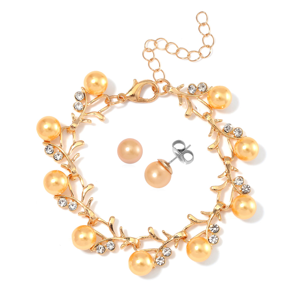 2 Piece Set - Golden Shell Pearl Bracelet (Size - 6.5+1.5 Ext) & Earring With Push Back in Yellow Tone 45.01 Ct._4287481