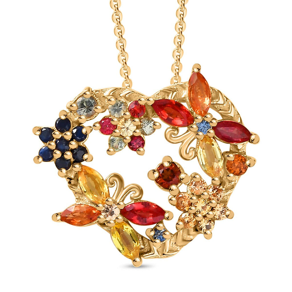Multi Sapphire Pendant with Silver Chain (Size 20) in 18K Vermeil Yellow Gold Plated Sterling Silver 1.56 Ct