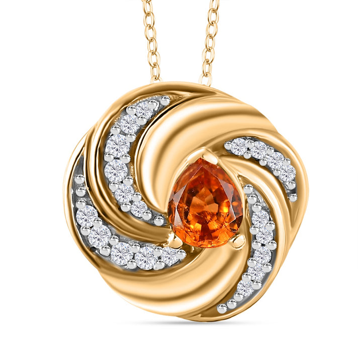 Spessartine Garnet, White Zircon Pendant with Chain (Size 20) in 18K Yellow Gold Vermeil Plated Sterling Silver 4299644 1