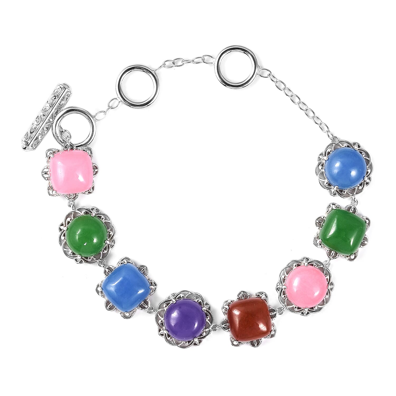 43.18 Ct Pink and Multi Jade Adjustable Bracelet in Rhodium Plated Silver 6.5 to 8.25 Inch 3410202 0