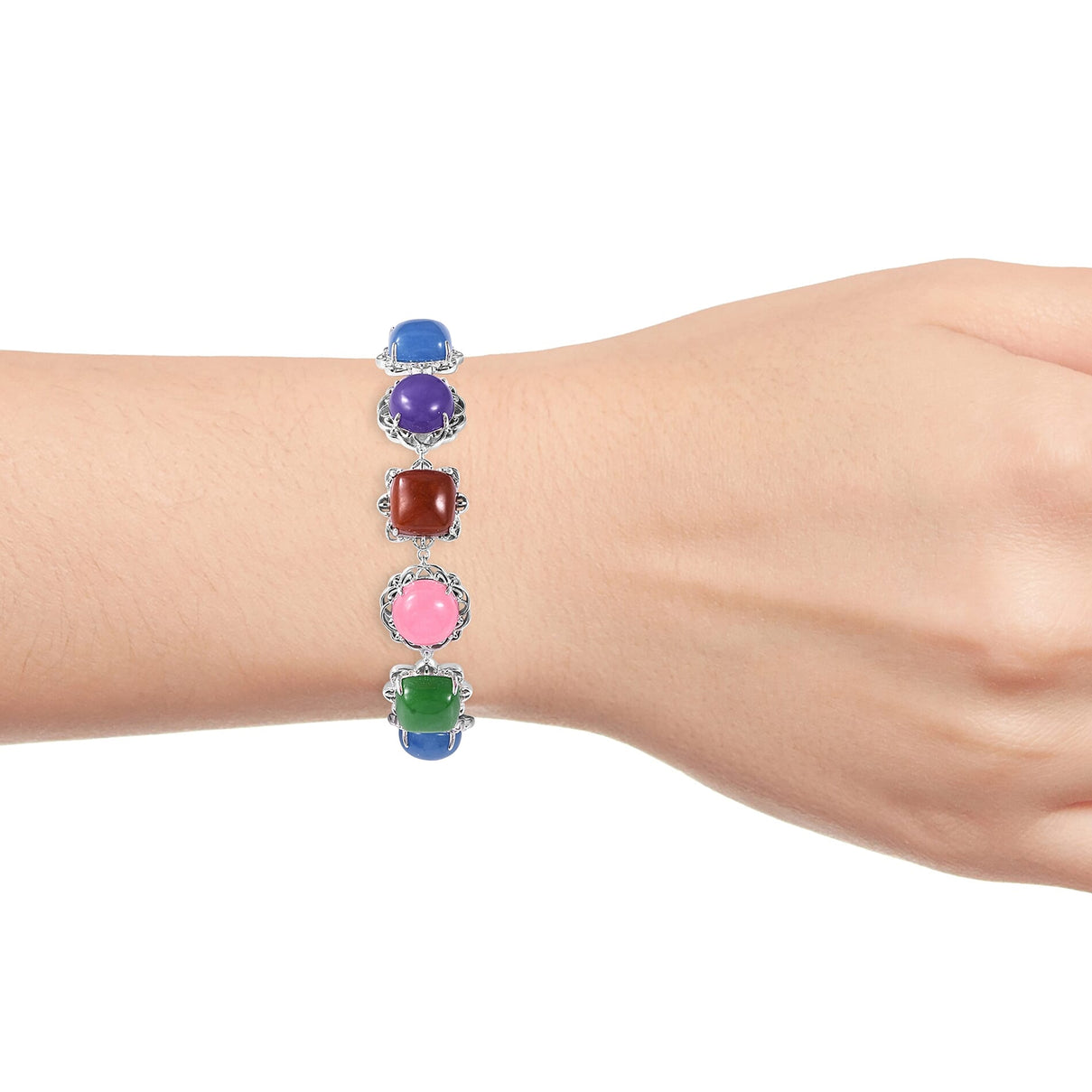 43.18 Ct Pink and Multi Jade Adjustable Bracelet in Rhodium Plated Silver 6.5 to 8.25 Inch 3410202 2