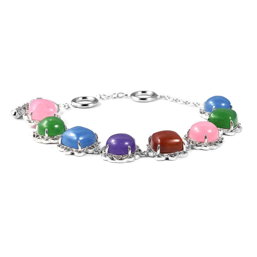 Pink, Red, Blue, Green and Purple Jade Bracelet (Size 6.5 - 7.5 - 8.25) in Rhodium Overlay Sterling Silver 43.175 Ct, Silver wt 13.63 Gms.
