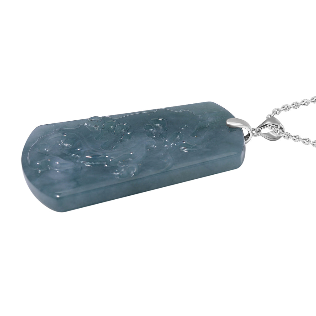 Natural Type A Jadeite Dragon Carving Pendant with Chain (Size - 20) with Lobster Clasp in Rhodium Overlay Sterling Silver 120.00 Ct._4308938_2