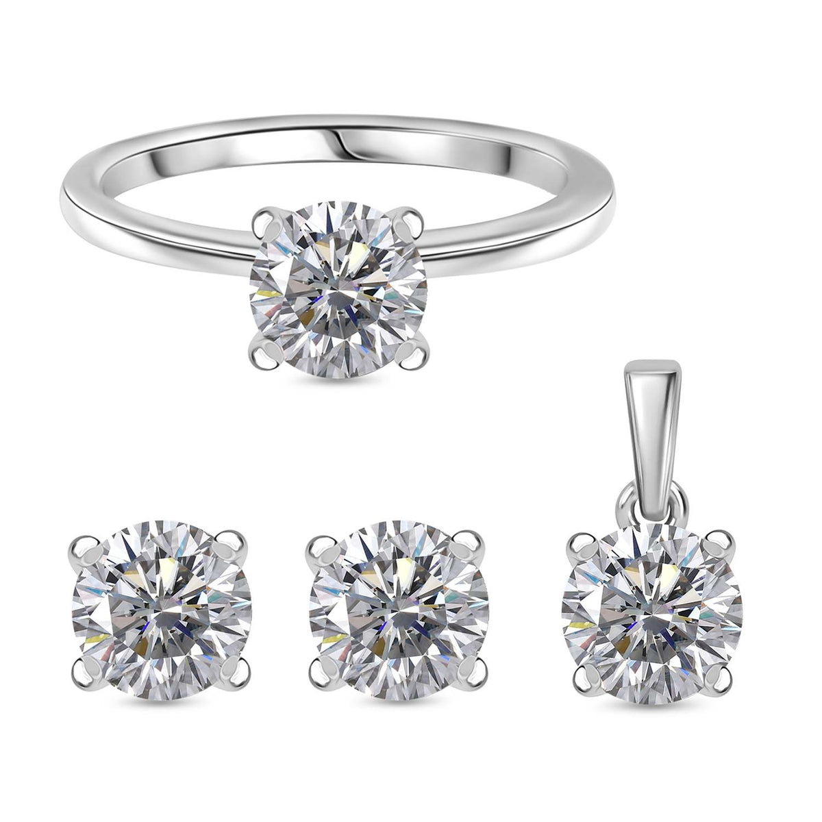 3 Piece Set - Moissanite Solitaire Ring, Solitaire Pendant and Solitaire Stud Earrings in Rhodium Overlay Sterling Silver 2.46 Ct. 4322745 0