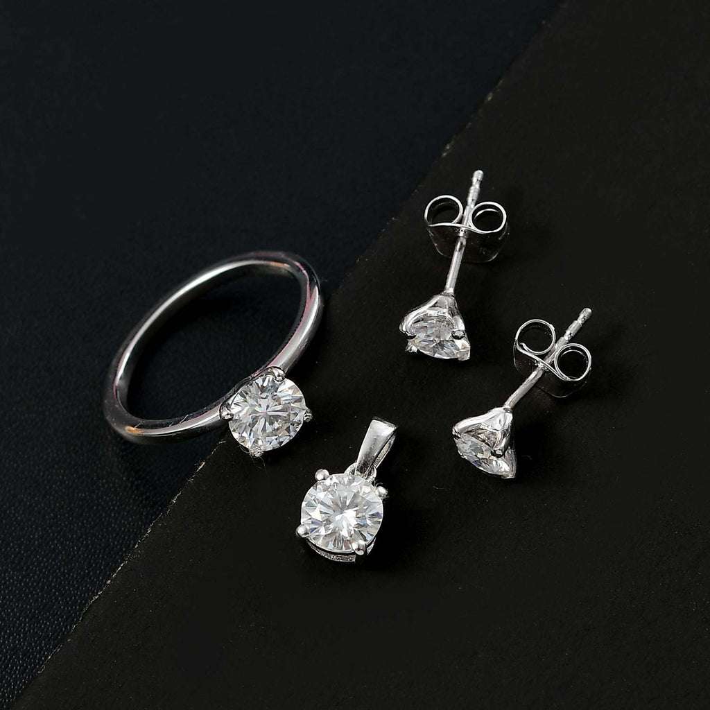 THE ULTIMATE BRIDAL SET - Moissanite Solitaire Ring, Pendant & Stud Earrings with Push-Post in Rhodium Overlay Sterling Silver 2.38 Ct._4322745_2