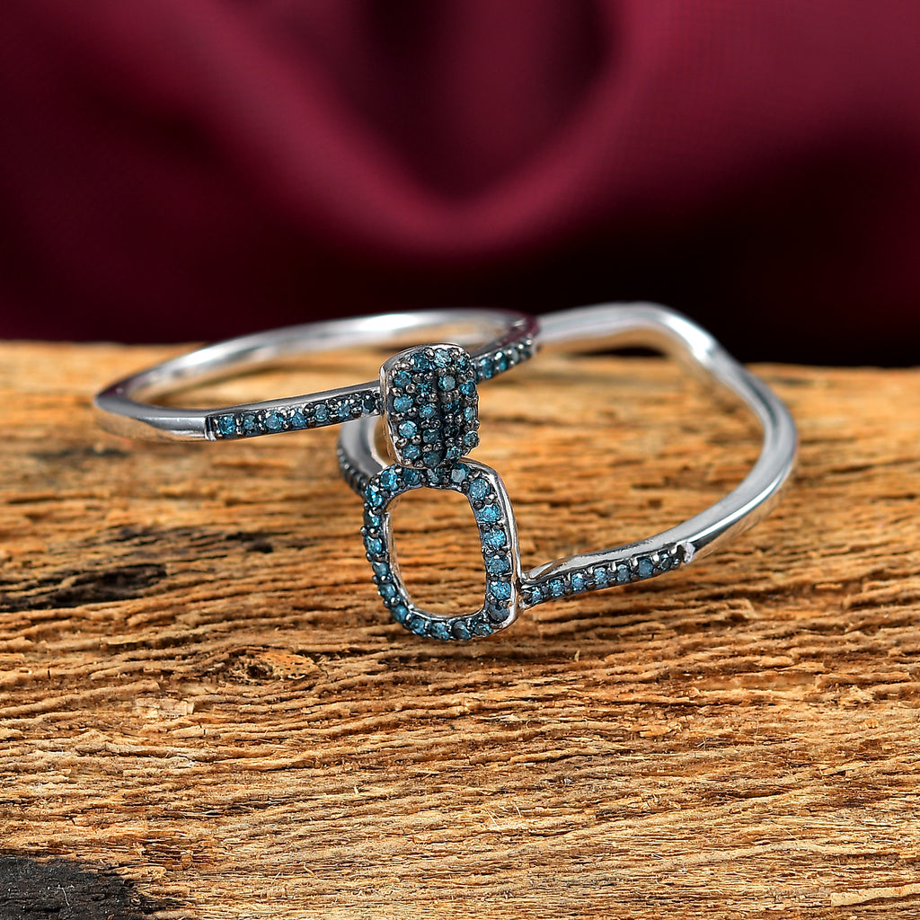 Set of 2 - Blue Diamond Band Ring in Rhodium Overlay Sterling Silver 0.33 Ct._4324557_1