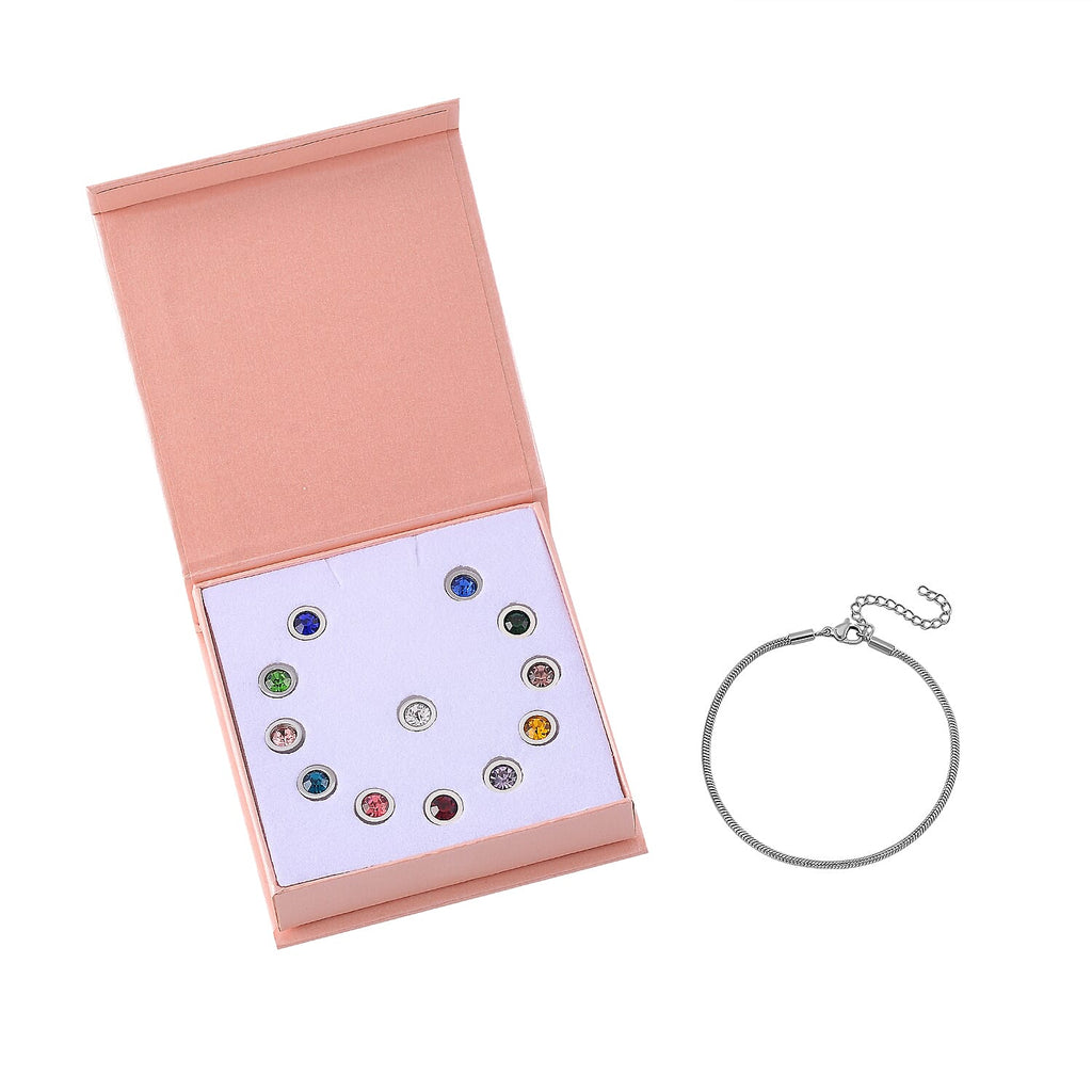 12 Piece Set - Golden & Multi Color Crystal Charms with Bracelet (Size - 7.5+2 Ext) in White Tone_4325604_4
