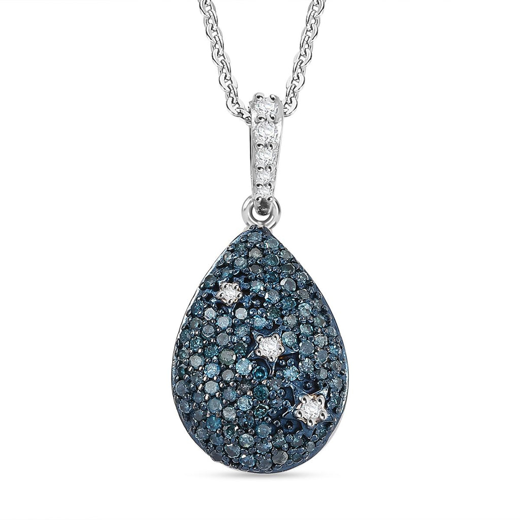 Blue Diamond & White Diamond Pendant with Chain (Size - 20) in Rhodium Overlay Sterling Silver 0.56 Ct._4325802