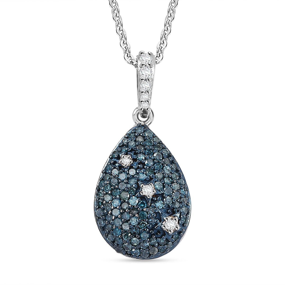 Blue Diamond &amp; White Diamond Pendant with Chain (Size - 20) in Rhodium Overlay Sterling Silver 0.56 Ct. 4325802 0