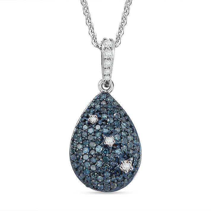Blue Diamond &amp; White Diamond Pendant with Chain (Size - 20) in Rhodium Overlay Sterling Silver 4325802 1