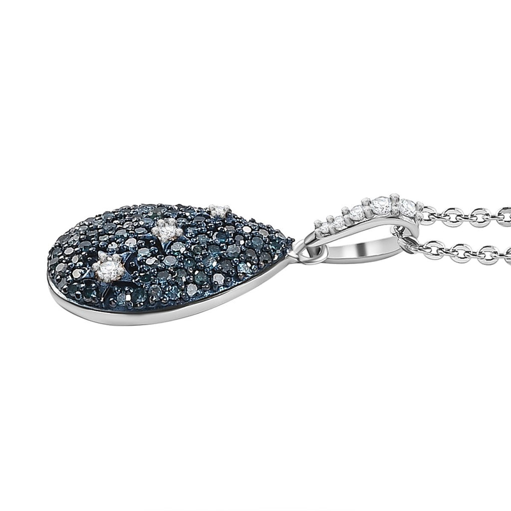 Blue Diamond & White Diamond Pendant with Chain (Size - 20) in Rhodium Overlay Sterling Silver 0.56 Ct._4325802_3