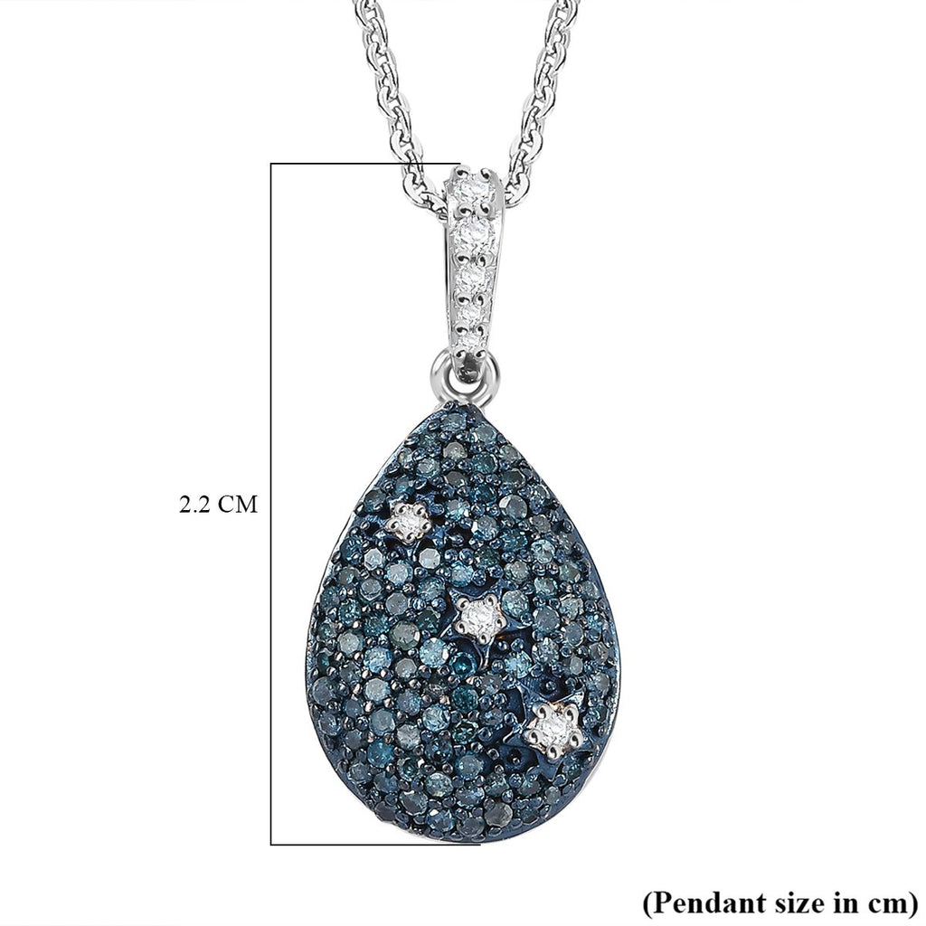 Blue Diamond & White Diamond Pendant with Chain (Size - 20) in Rhodium Overlay Sterling Silver 0.56 Ct._4325802_6