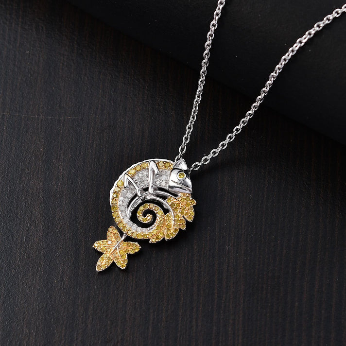 Natural White and Yellow Diamond Chameleon Pendant with Chain (Size 20) in Rhodium Overlay Sterling Silver 0.50 Ct. 4325838 2