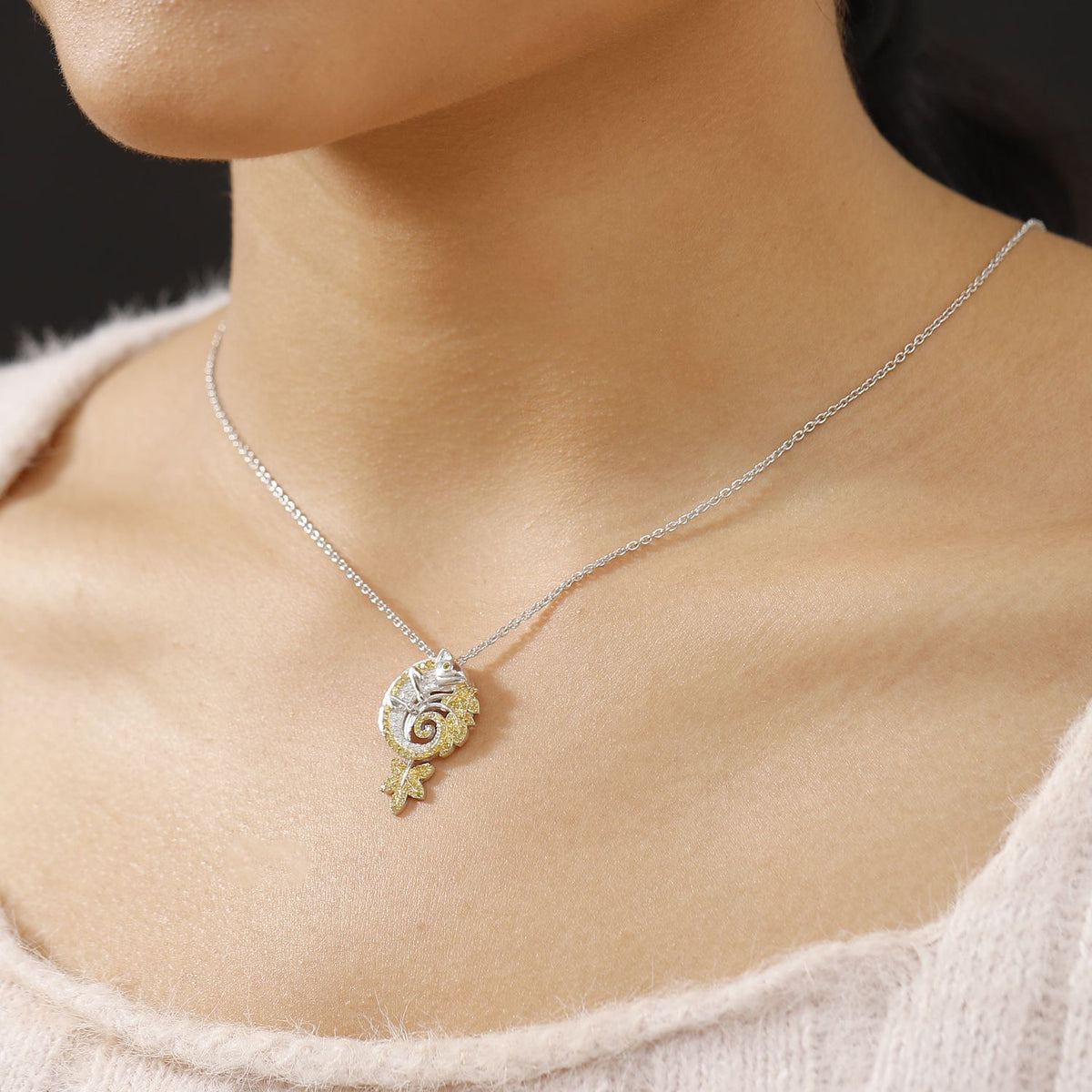 Natural White and Yellow Diamond Chameleon Pendant with Chain (Size 20) in Rhodium Overlay Sterling Silver 0.50 Ct. V32516311 2