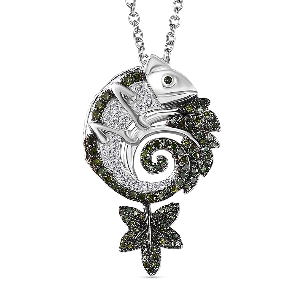 Green & White Diamond Chameleon Motif Pendant with Chain (Size 20) in Rhodium Overlay Sterling Silver 0.70 Ct, Silver Wt. 6.86 Gms._4325839