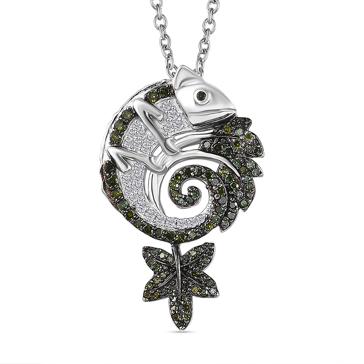 Green &amp; White Diamond Chameleon Motif Pendant with Chain (Size 20) in Rhodium Overlay Sterling Silver 0.70 Ct, Silver Wt. 6.86 Gms. V32533909 0