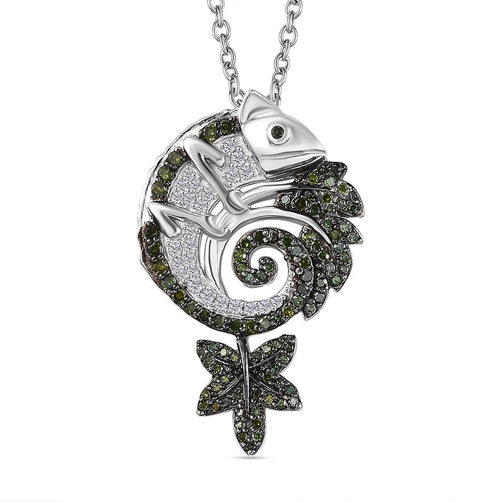 Green &amp; White Diamond Chameleon Motif Pendant with Chain (Size 20) in Rhodium Overlay Sterling Silver 0.70 Ct, Silver Wt. 6.86 Gms. 4325839 1