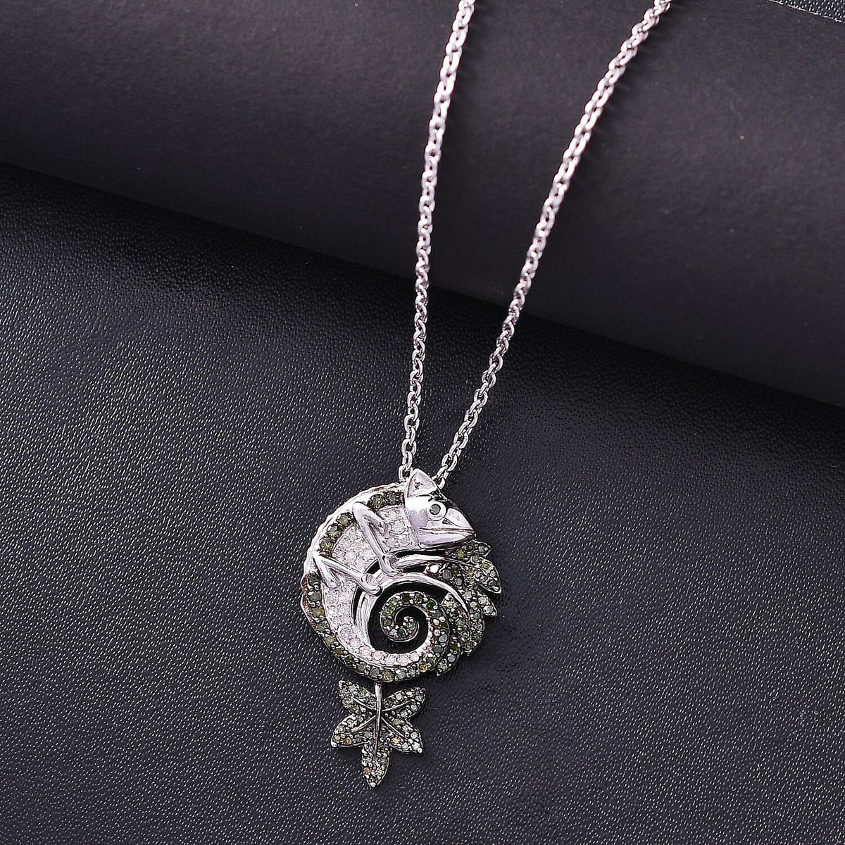 Green &amp; White Diamond Chameleon Motif Pendant with Chain (Size 20) in Rhodium Overlay Sterling Silver 0.70 Ct, Silver Wt. 6.86 Gms. V32533909 3