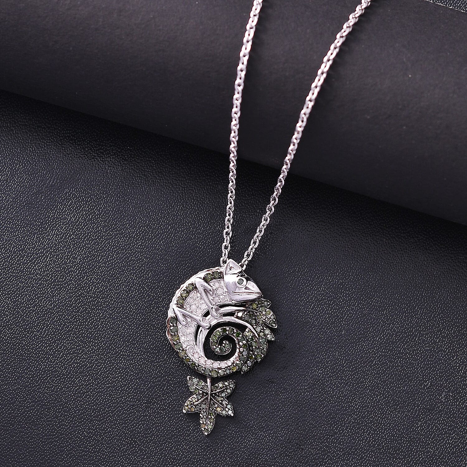 Green &amp; White Diamond Chameleon Motif Pendant with Chain (Size 20) in Rhodium Overlay Sterling Silver 0.70 Ct, Silver Wt. 6.86 Gms. V32533909 3