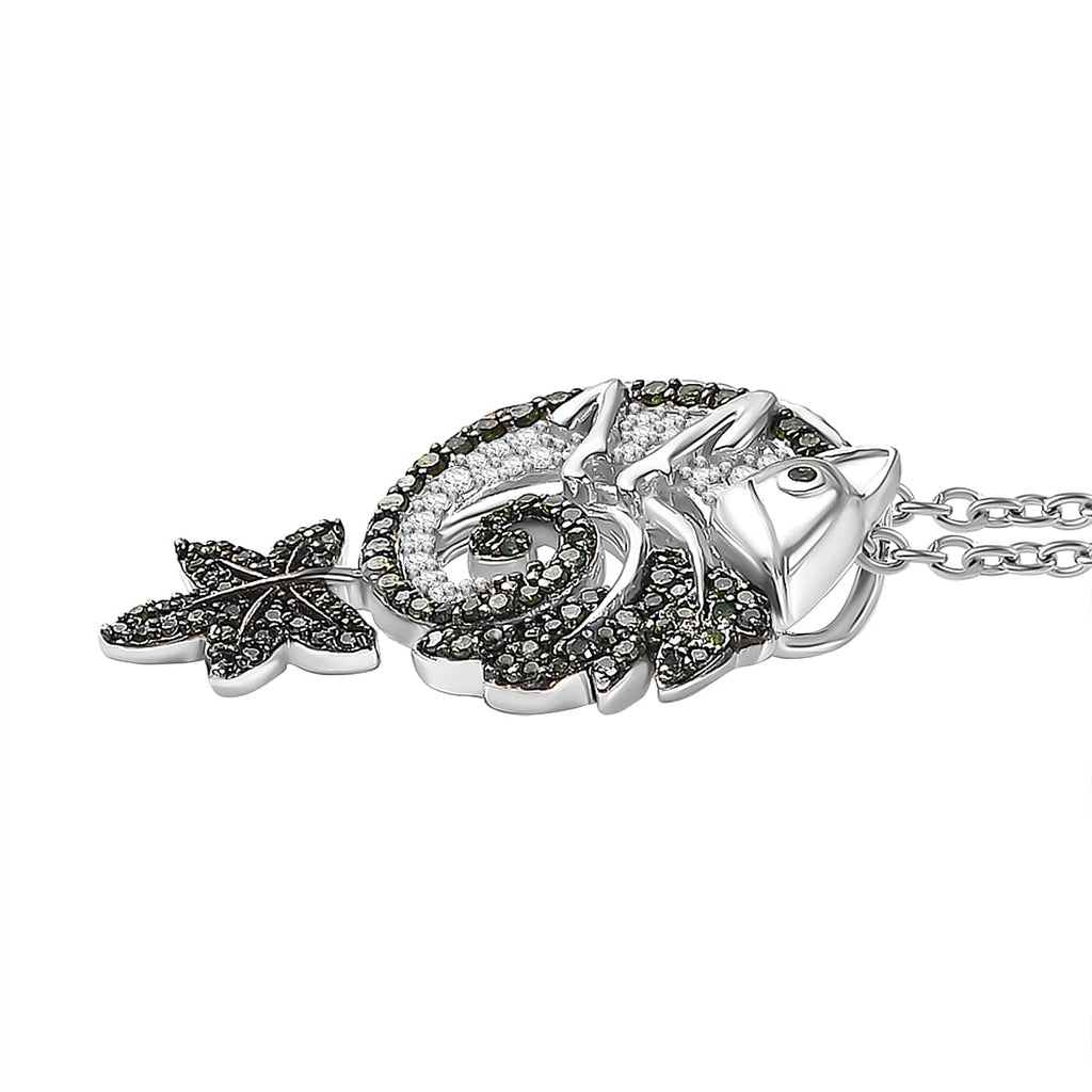 Green & White Diamond Chameleon Motif Pendant with Chain (Size 20) in Rhodium Overlay Sterling Silver 0.70 Ct, Silver Wt. 6.86 Gms._4325839_3