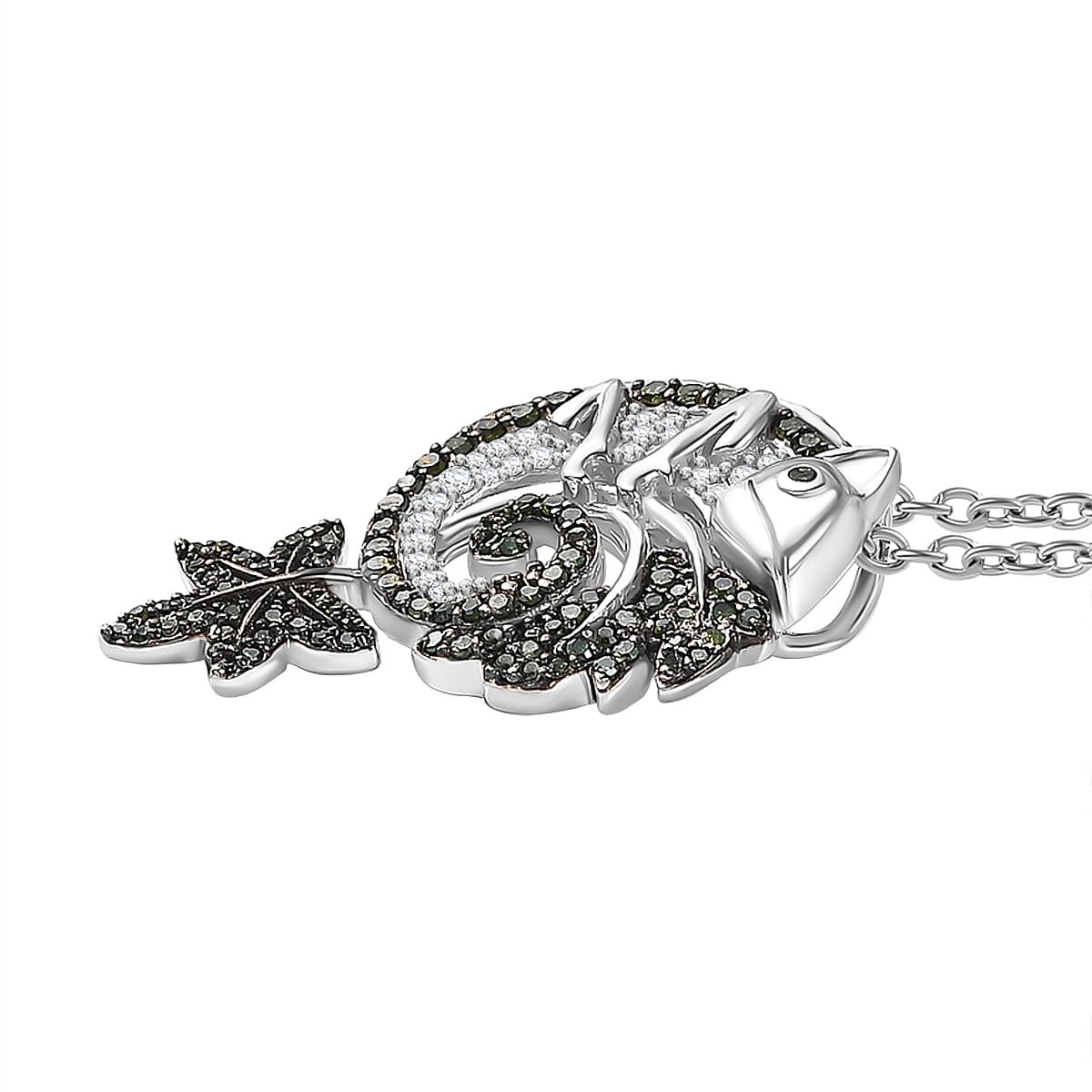 Green &amp; White Diamond Chameleon Motif Pendant with Chain (Size 20) in Rhodium Overlay Sterling Silver 0.70 Ct, Silver Wt. 6.86 Gms. V32533909 4