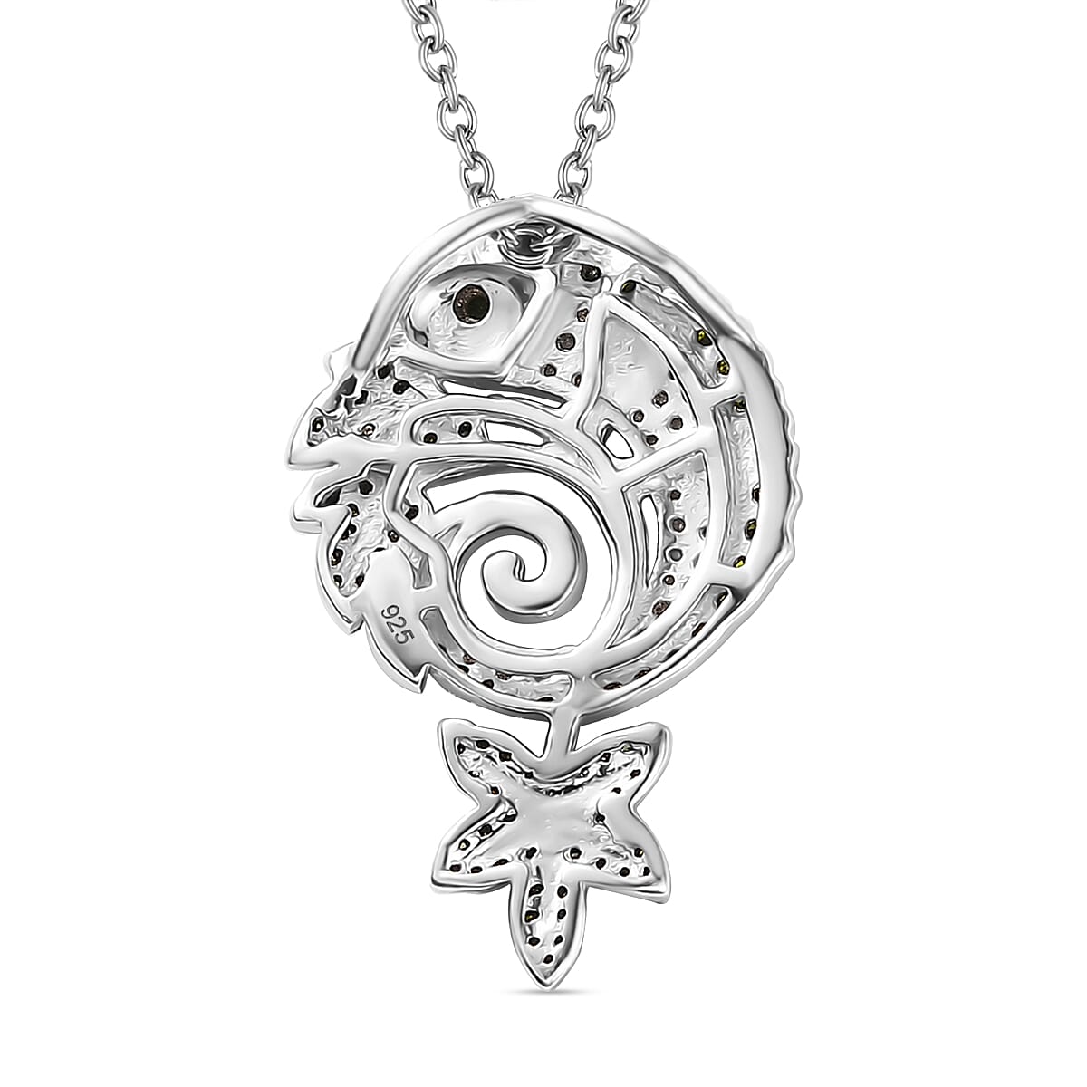 Green &amp; White Diamond Chameleon Motif Pendant with Chain (Size 20) in Rhodium Overlay Sterling Silver 0.70 Ct, Silver Wt. 6.86 Gms. V32533909 5