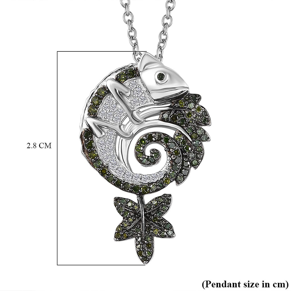 Green & White Diamond Chameleon Motif Pendant with Chain (Size 20) in Rhodium Overlay Sterling Silver 0.70 Ct, Silver Wt. 6.86 Gms._4325839_6