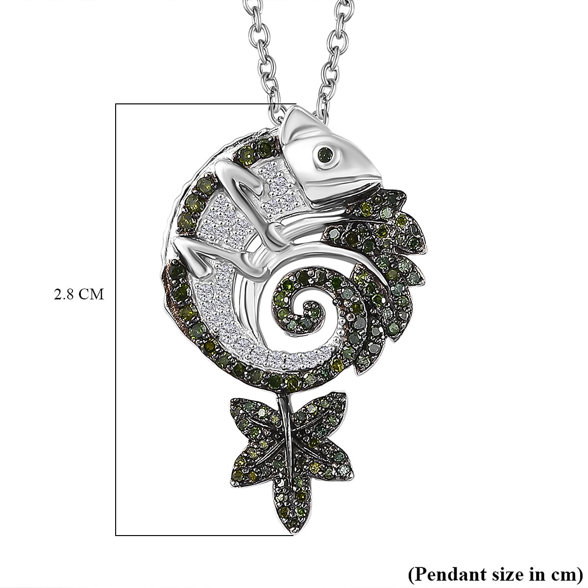 Green &amp; White Diamond Chameleon Motif Pendant with Chain (Size 20) in Rhodium Overlay Sterling Silver 0.70 Ct, Silver Wt. 6.86 Gms. V32533909 7