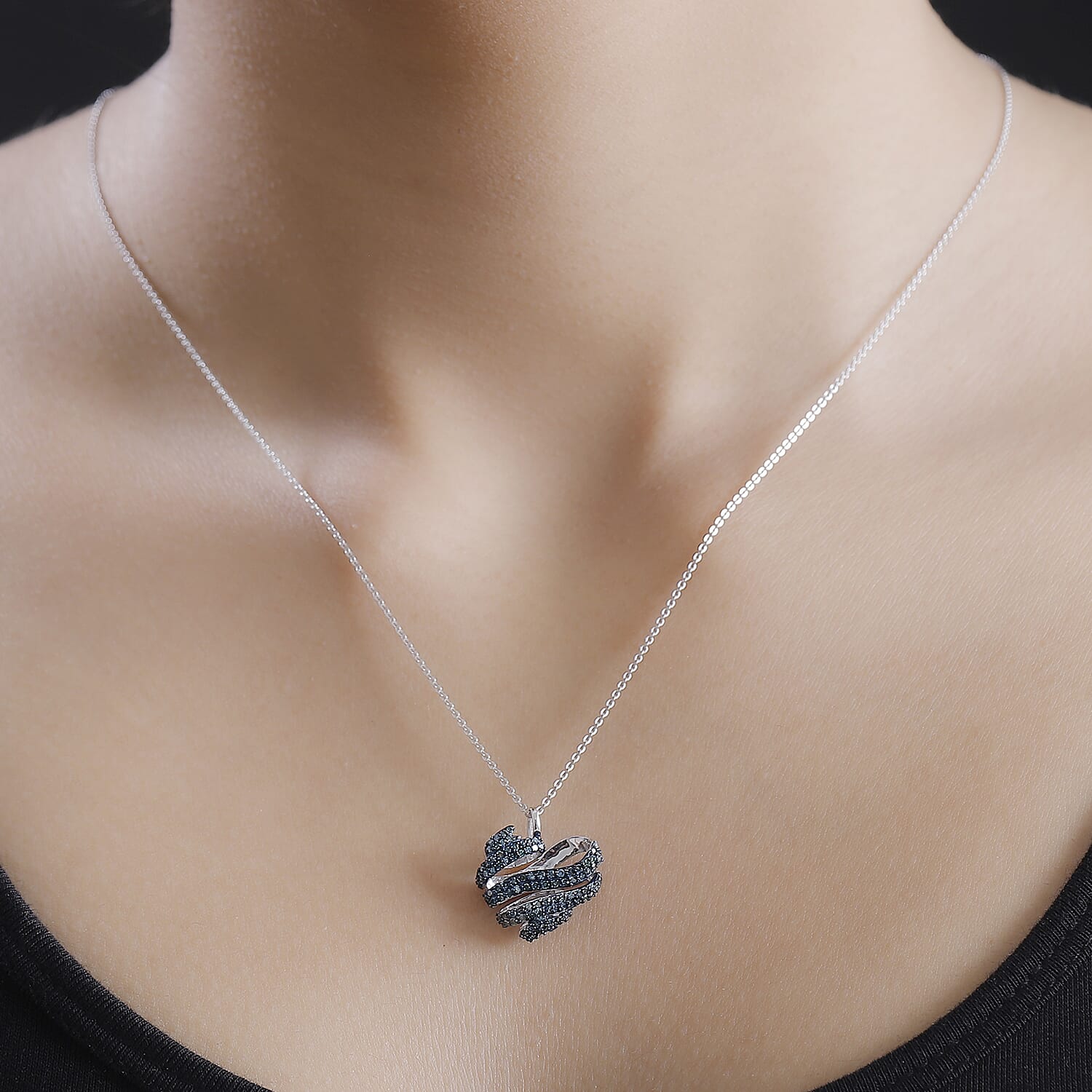 GP Amore Collection - Blue Diamond Heart Pendant with Chain (Size 20) in Rhodium Overlay Sterling Silver 0.50 Ct 4326761 2