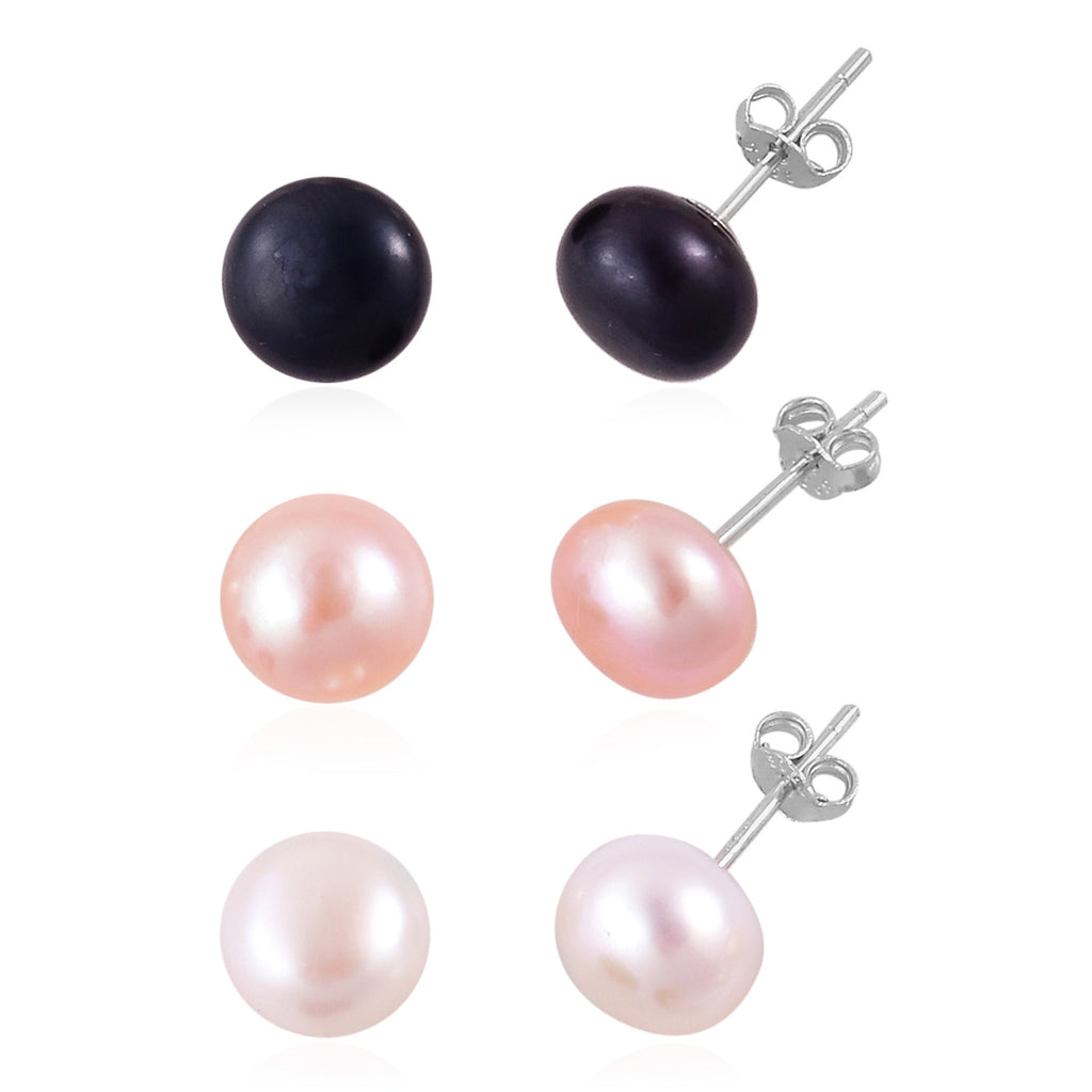 Set of 3 - Fresh Water Peacock, Peach & White Pearl Stud Ball Earring With Push Back in Rhodium Overlay Sterling Silver 24.00 Ct._4328080