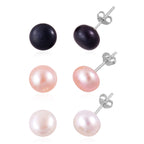 Set of 3 - Fresh Water Peacock, Peach & White Pearl Stud Ball Earring With Push Back in Rhodium Overlay Sterling Silver 24.00 Ct._4328080