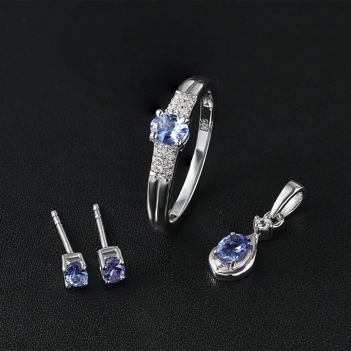3 Piece Set - Tanzanite, White Zircon Ring and Solitaire Pendant and Earring in Rhodium Overlay Sterling Silver 1.31 Ct. V32637297 2