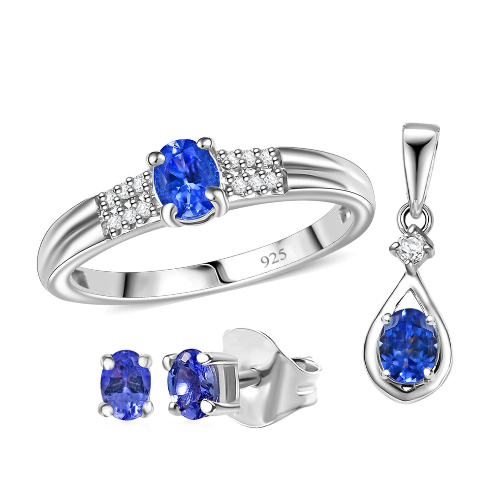 3 Piece Set - Tanzanite, White Zircon Earring & Solitaire Pendant and Ring in Rhodium Overlay Sterling Silver 1.24 Ct._4337540