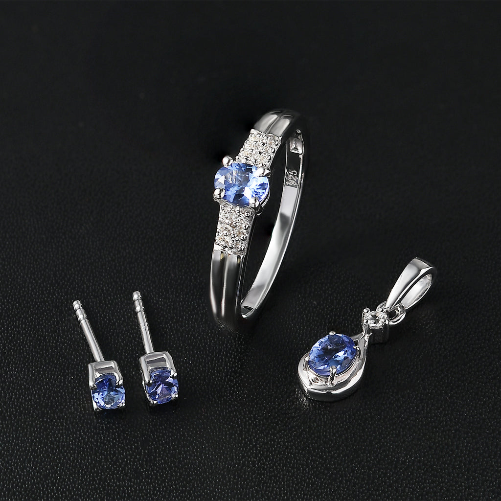 3 Piece Set - Tanzanite, White Zircon Earring & Solitaire Pendant and Ring in Rhodium Overlay Sterling Silver 1.24 Ct._4337540_1