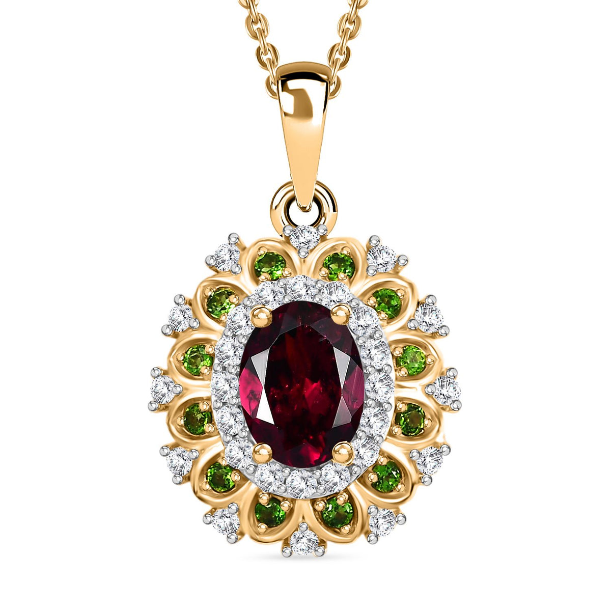 Rhodolite Garnet, White Zircon Halo Pendant with Chain (Size - 20) in 18K Vermeil Yellow Gold Plated Sterling Silver 2.50 Ct. 4339371 0