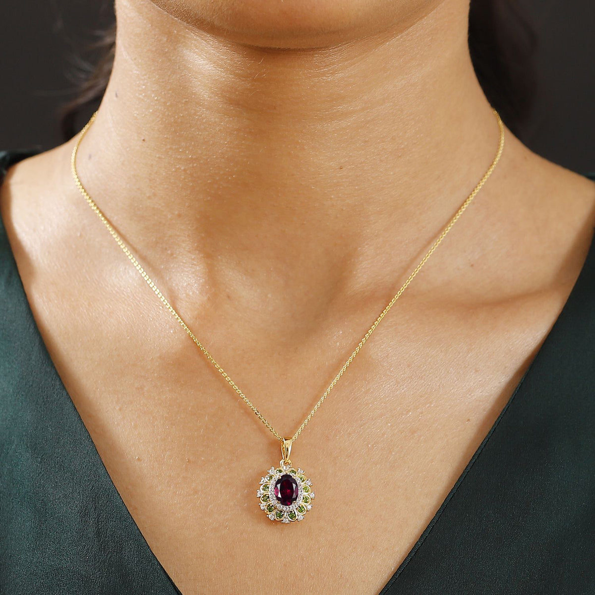 Rhodolite Garnet, White Zircon Halo Pendant with Chain (Size - 20) in 18K Vermeil Yellow Gold Plated Sterling Silver 2.50 Ct. 4339371 2
