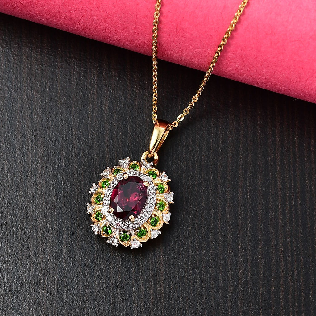 Rhodolite Garnet, Natural Chrome Diopside & White Zircon Pendant with Chain (Size - 20) in 18K Vermeil Yellow Gold Plated Sterling Silver 2.50 Ct._4339371_2