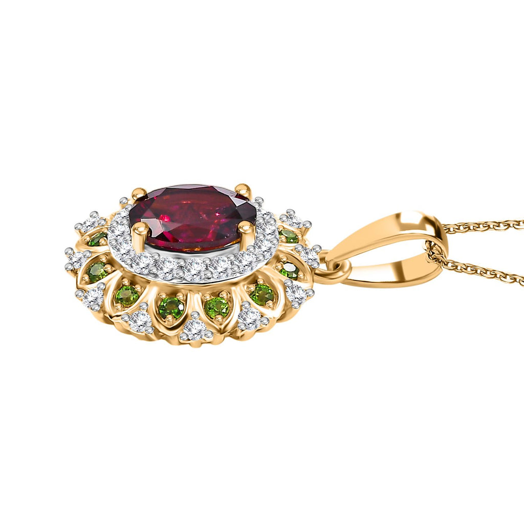 Rhodolite Garnet, Natural Chrome Diopside & White Zircon Pendant with Chain (Size - 20) in 18K Vermeil Yellow Gold Plated Sterling Silver 2.50 Ct._4339371_3